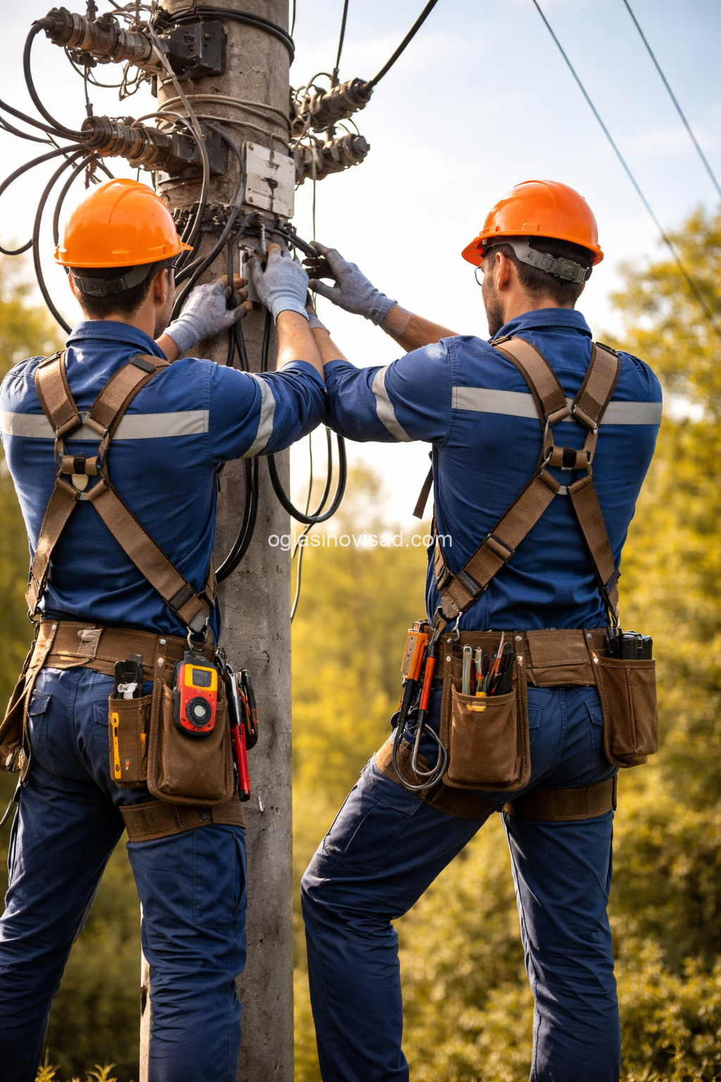 Electricians working on utility pole