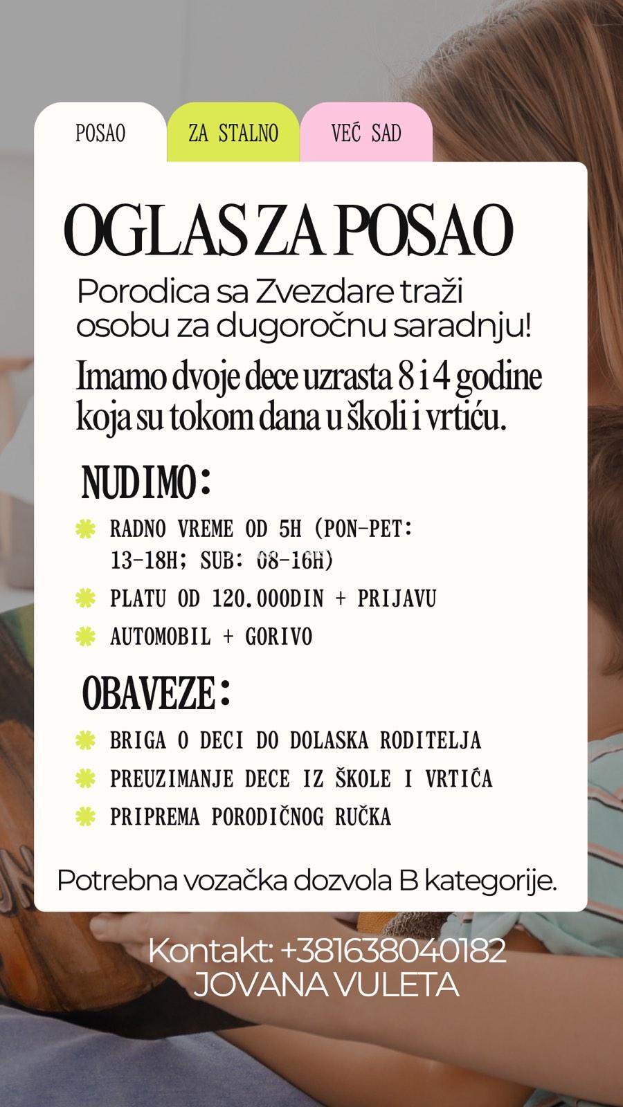 Posao za stalno - Briga o deci 4 i 8 godina